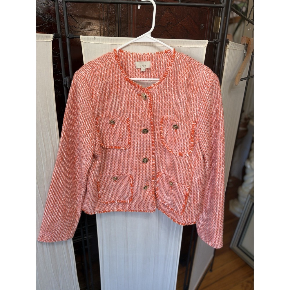 LOFT Women's XL Orange Pink White Tweed Collarless Jacket Fringe Gold Buttons
